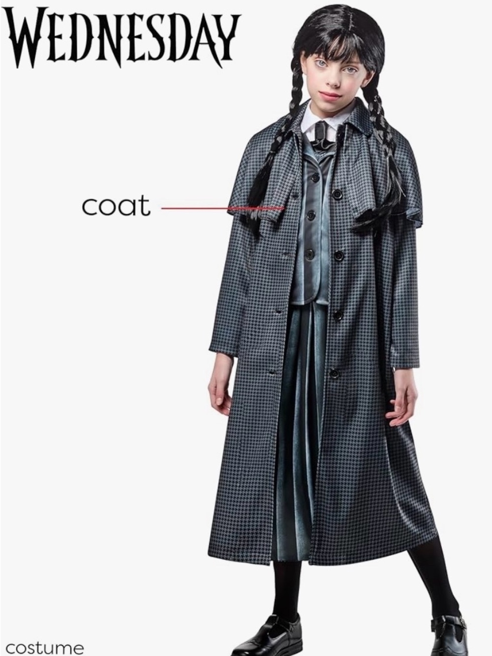 Wednesday-Inspired Kids Black & Gray Plaid Coat Costume - Brand:
